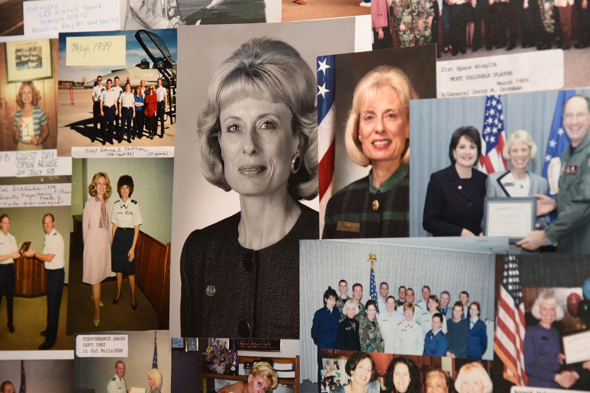 PETERSON AIR FORCE BASE, Colo. – A picture board of Kathy D. Nelson, 21st Space Wing Staff Judge Advocate’s Victim Witness Assistance Program coordinator, highlights a lengthy career at her retirement ceremony April 29, 2016. Because of the Victim Witness Assistance Program’s success through the years, Nelson became the go-to person for all Air Force matters concerning development and coordination of similar programs. (U.S. Air Force photo by Airman 1st Class Dennis Hoffman)