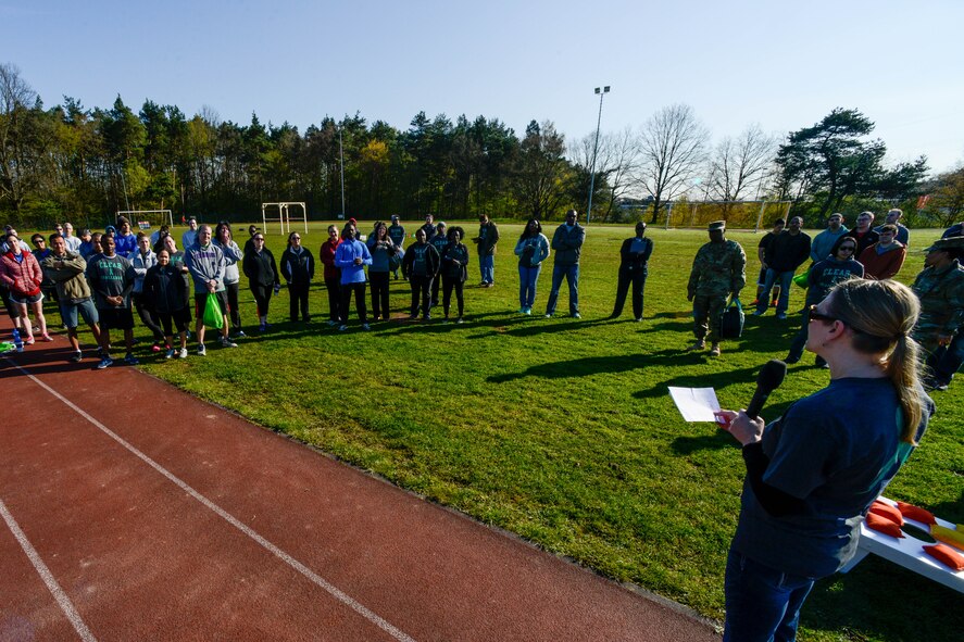 Airmen and Soldiers gather for the Courage, Leadership, Education, Advocate and Respect course April, 29, 2016, at Vogelweh Military Complex, Germany. The course was comprised of ten obstacles that challenged more than 20 teams with situations to simulate the feeling of intoxication. (U.S. Air Force photo/Senior Airman Nicole Keim)