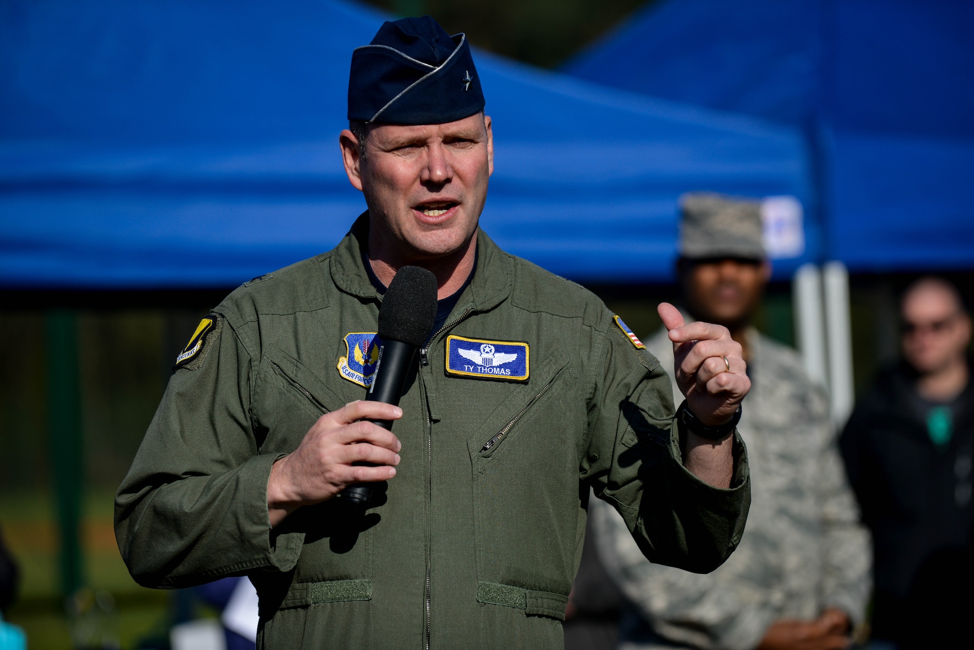 Brig. Gen. Jon T. Thomas, 86th Airlift Wing commander, gives opening comments before the Courage, Leadership, Education, Advocate and Respect course April, 29, 2016, at Vogelweh Military Complex, Germany.  The CLEAR challenge is an annual obstacle course designed to symbolize the effects of sexual assault and alcohol abuse. During the course participants wore “drunk goggles” to show them how dangerous functioning under the influence of alcohol can be and how it can impair decisions. (U.S. Air Force photo/Senior Airman Nicole Keim)