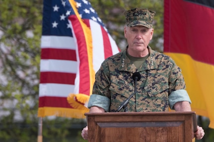 Marine Corps Gen. Joe Dunford, chairman of the Joint Chiefs of Staff, addresses the audience during the change-of-command ceremony for U.S. European Command in Stuttgart, Germany, May 3, 2016. During the ceremony, Army Gen. Curtis M. Scaparrotti assumed command from Air Force Gen. Philip M. Breedlove. DoD photo by D. Myles Cullen 
                                      