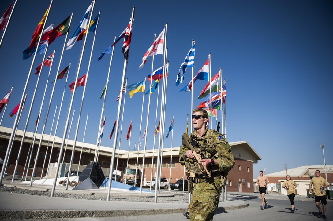 A coalition forces member participates in the annual remembrance ruck, run and walk event in Kabul, Afghanistan, April 27, 2016. Air Force photo by Staff Sgt. Larry E. Reid Jr.
