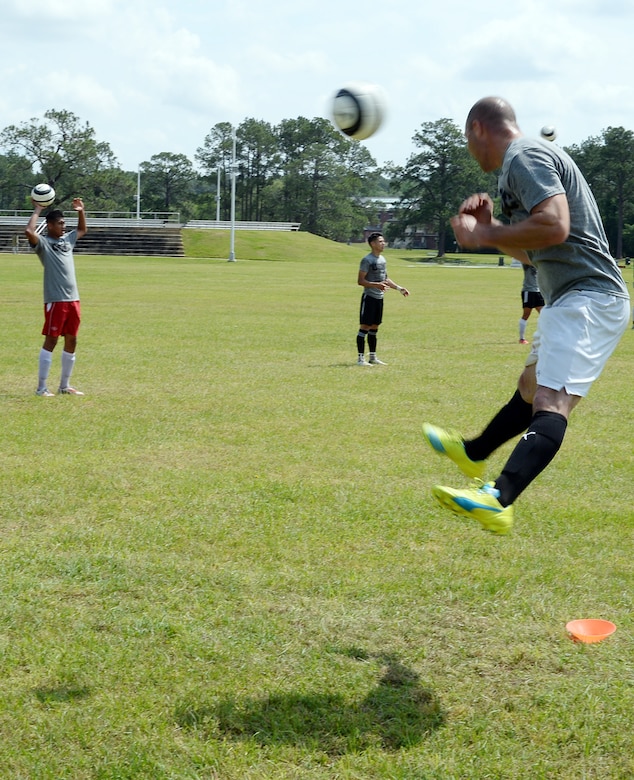 Staff Sgt. Rocky Fredin, goalie and team captain, All-Marine Men’s Soccer Team, practices hitting the soccer ball with his head during the All-Marine Men’s Soccer Team tryouts aboard Marine Corps Logistics Base Albany, Ga., April 25. Fredin, a native of Lawrenceville, Ga., has been nicknamed the ‘grand old man’ by his teammates because this is his sixth time being selected for the All-Marine Men’s Soccer Team.