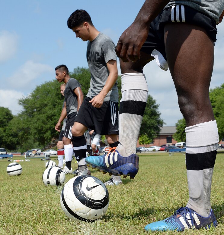 Members of the All-Marine Men’s Soccer Team practice aboard Marine Corps Logistics Base Albany, Ga., April 26.
