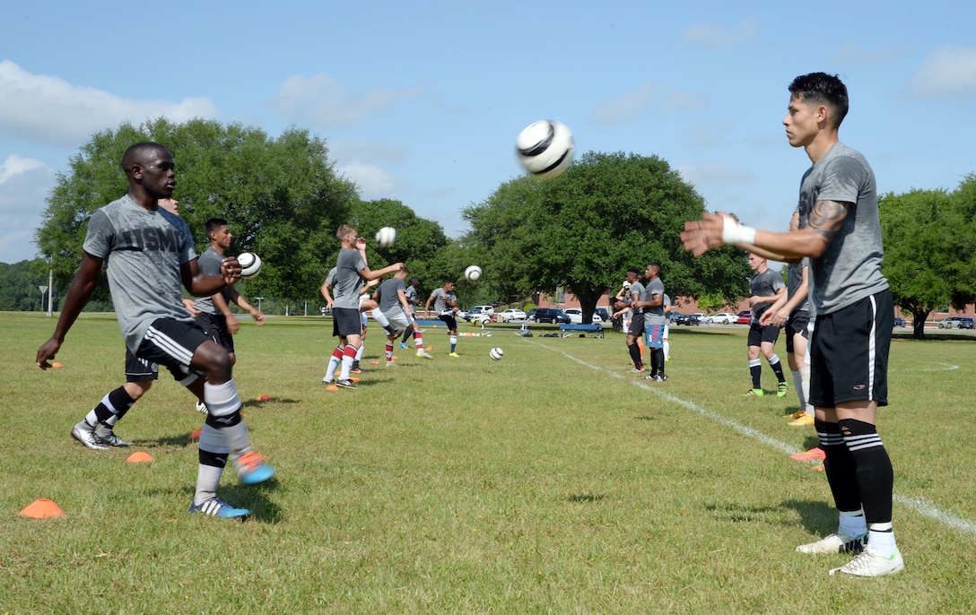 Members of the All-Marine Men’s Soccer Team practice aboard Marine Corps Logistics Base Albany, Ga., April 26.