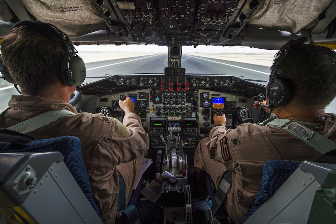 Air Force KC-135R Stratotanker pilots take off from Al Udeid Air Base, Qatar, April 29, 2016, for a mission supporting Operation Inherent Resolve. Air Force photo by Staff Sgt. Douglas Ellis