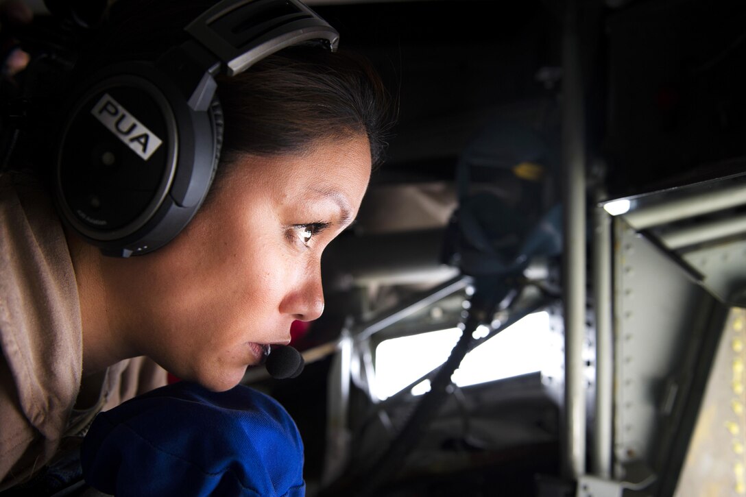 Air Force Staff Sgt. Pua Jumawid maneuvers and prepares the boom of a KC-135R Stratotanker to refuel aircraft supporting Operation Inherent Resolve over Iraq, April 29, 2016. Jumawid is a boom operator assigned to the 340th Expeditionary Air Refueling Squadron, deployed from the 203rd Air Refueling Squadron at Joint Base Pearl Harbor-Hickam, Hawaii. Air Force photo by Staff Sgt. Douglas Ellis