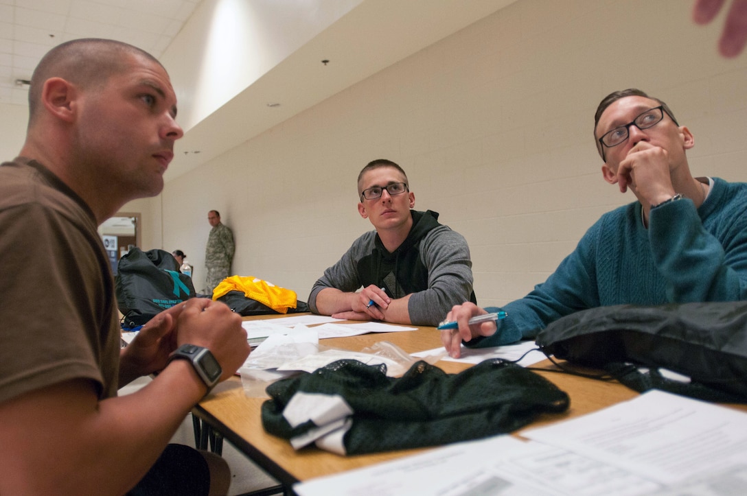 From left to right, Sgt. Stephen Shorey representing the 311th Signal Command, Sgt. John Dana representing the 377th Theater Support Command, and Staff Sgt. Joseph Young representing the 99th Regional Support Command sit through a check-in brief upon arrival May 1 for the 2016 U.S. Army Reserve Best Warrior Competition at Fort Bragg, N.C. This year’s Best Warrior Competition will determine the top noncommissioned officer and junior enlisted Soldier who will represent the U.S. Army Reserve in the Department of the Army Best Warrior Competition later this year at Fort A.P. Hill, Va. (U.S. Army photo by Sgt. Christina M. Dion) (Released)