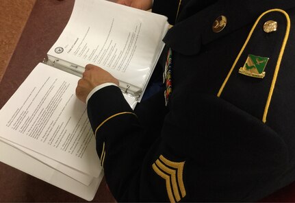 A U.S. Army Reserve Best Warrior candidate studies before his Noncommissioned Officer Appearance Board at the 2016 U.S. Army Reserve Best Warrior Competition, May 3, at the NCO Academy at Fort Bragg, N.C. Thirty-nine Warriors, representing the 198,000 men and women serving in the U.S. Army Reserve are competing this week for the title of NCO and Soldier of the Year. The winner in each category will represent the U.S. Army Reserve at the Army Best Warrior later this year at Fort A.P. Hill, Va. (U.S. Army photo by Timothy L. Hale) (Released)