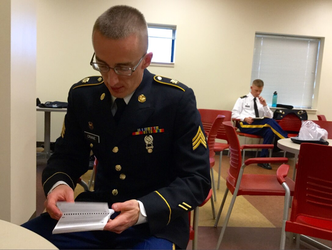 Sgt. Andrew Crane, representing the U.S. Army Reserve Legal Command, studies before his Noncommissioned Officer Appearance Board at the 2016 U.S. Army Reserve Best Warrior Competition, May 3, at the NCO Academy at Fort Bragg, N.C. Thirty-nine Warriors, representing the 198,000 men and women serving in the U.S. Army Reserve are competing this week for the title of NCO and Soldier of the Year. The winner in each category will represent the U.S. Army Reserve at the Army Best Warrior later this year at Fort A.P. Hill, Va. (U.S. Army photo by Timothy L. Hale) (Released)