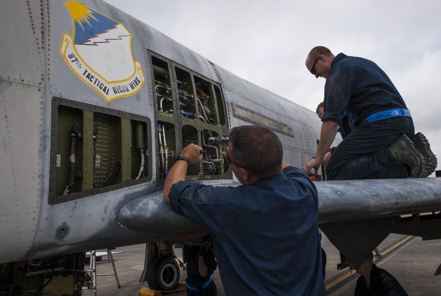 U.S. Air Force Airmen from the 23d Equipment Maintenance Squadron remove a side panel off an F-4 Phantom II, April 28, 2016, at Moody Air Force Base, Ga. The F-4 began its career in the Air Force in 1967 and will now retire in the Veteran’s Memorial Park in Excel, Ala. (U.S. Air Force photo by Airman 1st Class Lauren M. Hunter/Released)