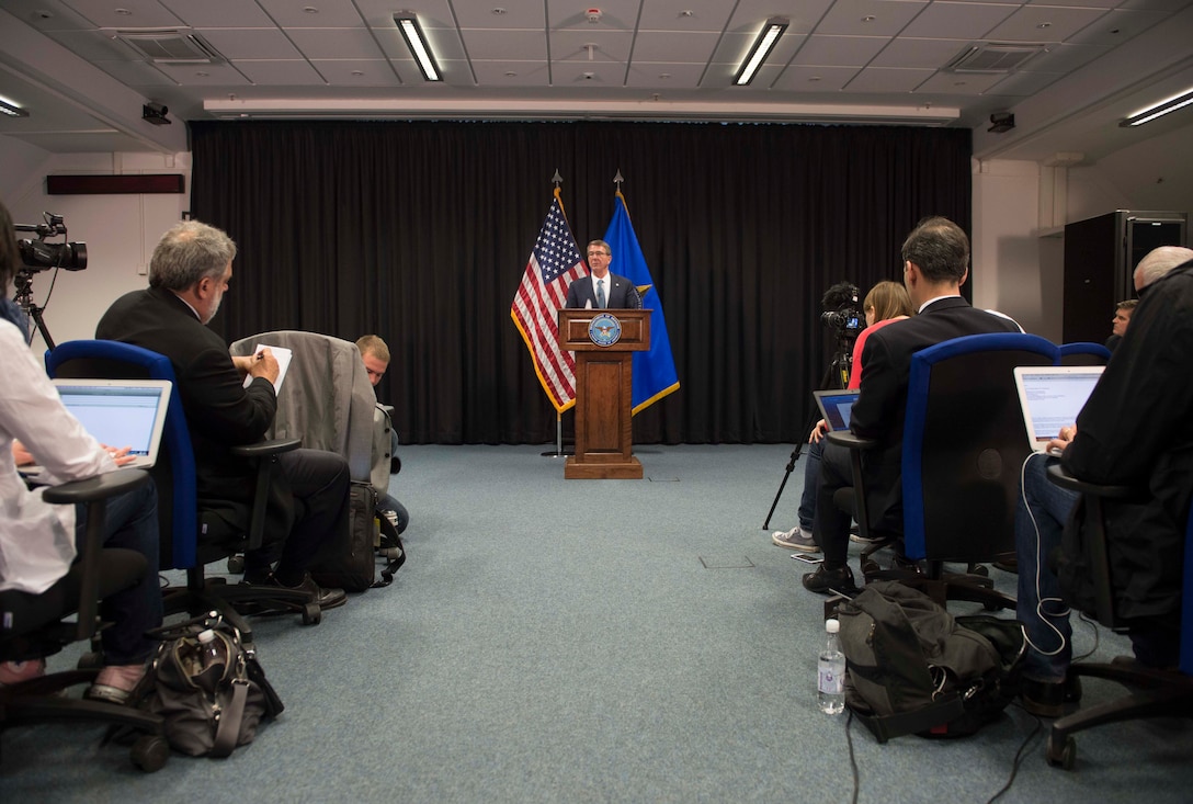 Defense Secretary Ash Carter speaks with reporters following a meeting with defense ministers of countries making the most substantial contributions to the fight against the Islamic State of Iraq and the Levant, at U.S. European Command headquarters in Stuttgart, Germany, May 4, 2016. DoD photo by Navy Petty Officer 1st Class Tim D. Godbee