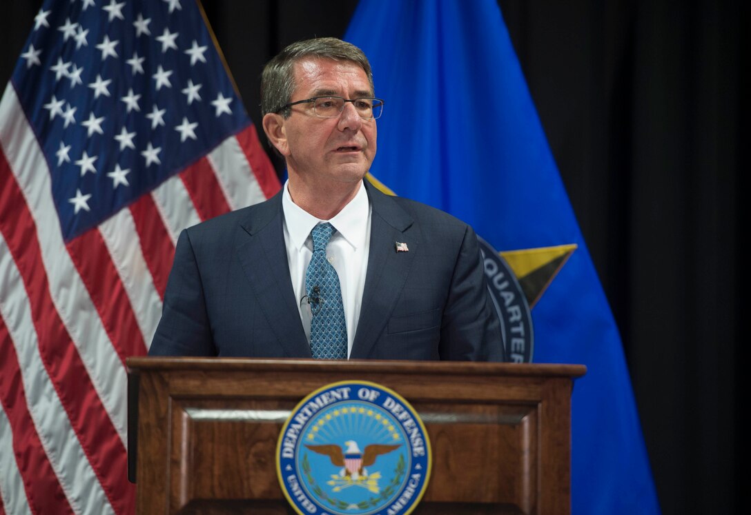 Defense Secretary Ash Carter speaks with reporters following a meeting with defense ministers of countries making the most substantial contributions to the fight against the Islamic State of Iraq and the Levant, at U.S. European Command headquarters in Stuttgart, Germany, May 4, 2016. DoD photo by Navy Petty Officer 1st Class Tim D. Godbee