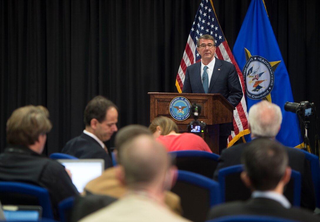 Defense Secretary Ash Carter speaks with reporters following a meeting with defense ministers of countries making the most substantial contributions to the fight against the Islamic State of Iraq and the Levant, at U.S. European Command headquarters in Stuttgart, Germany, May 4, 2016. DoD photo by Navy Petty Officer 1st Class Tim D. Godbee