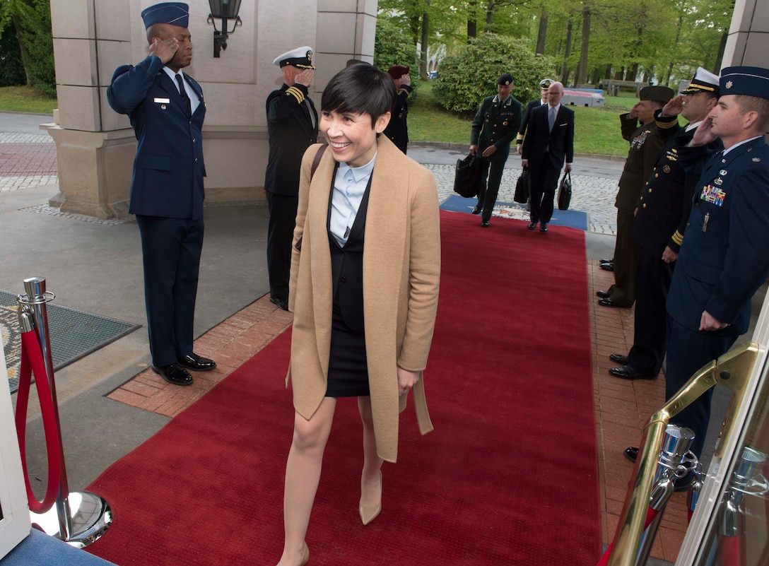 Norwegian Defense Minister Ine Eriksen Søreide arrives for a meeting of defense ministers convened by Defense Secretary Ash Carter to discuss accelerating the fight against the Islamic State of Iraq and the Levant, at U.S. European Command headquarters in Stuttgart, Germany, May 4, 2016. DoD photo by Navy Petty Officer 1st Class Tim D. Godbee