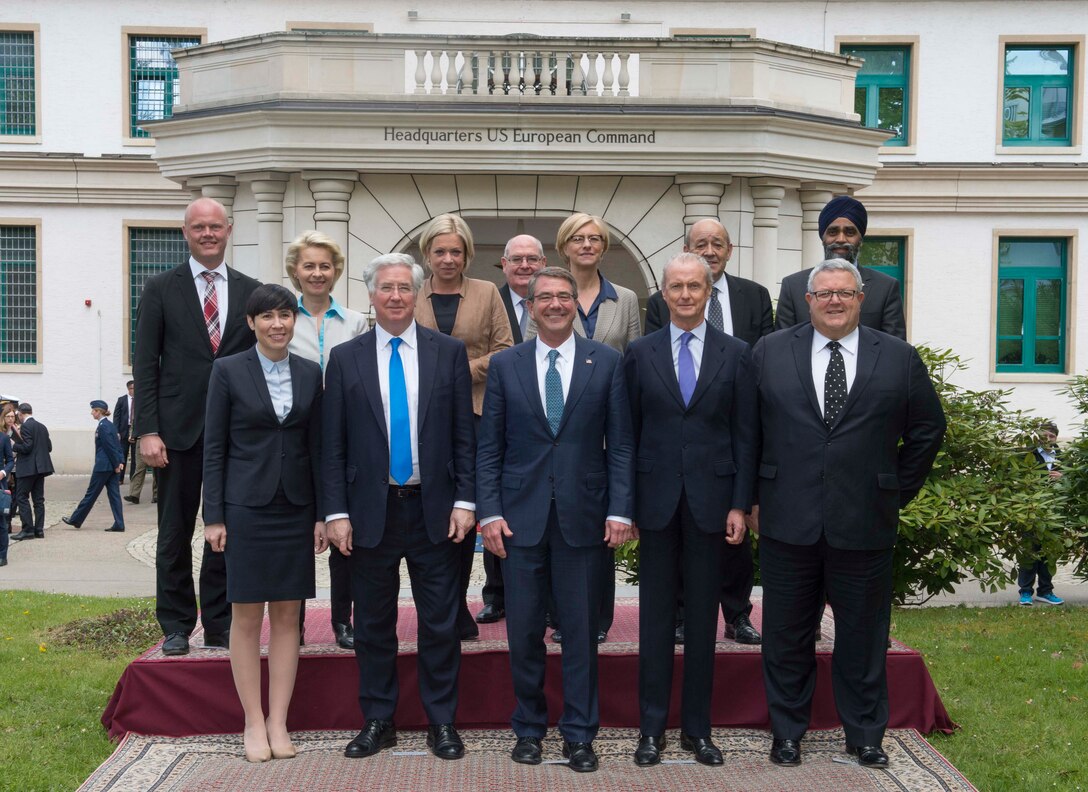 Defense Secretary Ash Carter takes a photograph with defense ministers from Australia, Canada, Denmark, France, Germany, Italy, the Netherlands, New Zealand, Norway, Spain and the United Kingdom at U.S. European Command headquarters in Stuttgart, Germany, May 4, 2016. DoD photo by Navy Petty Officer 1st Class Tim D. Godbee