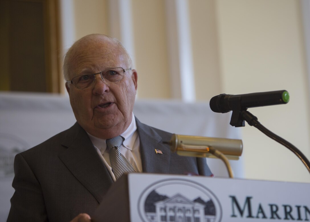 Ralph Marrinson, the owner of the Marrinson Senior Care Residences, speaks to the facility’s residents about the importance of honoring veterans during a salute to veterans event in Fort Lauderdale, Fla., May 3, 2016. The event took place as a part of Fleet Week Port Everglades which lasts from May 2-8, and will give the community of South Florida the opportunity to interact with the Marines and Sailors from several fleet ships as well as see up-close and personal some of the capabilities and equipment the Marine Corps employs. (U.S. Marine Corps photo by Cpl. Michelle Reif/Released.)