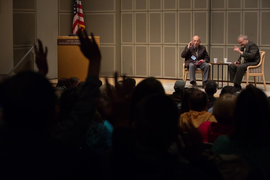 Bob Behr, left, is interviewed during a “First Person” event at the U.S. Holocaust Memorial Museum in Washington, D.C., in April 2014. Following his liberation in 1945, Behr, a Holocaust survivor, would eventually immigrate to the U.S., where he enlisted in the Army, and later worked for the Air Force as a civilian in the intelligence field for more than 35 years. (Photo courtesy/U.S. Holocaust Memorial Museum) 