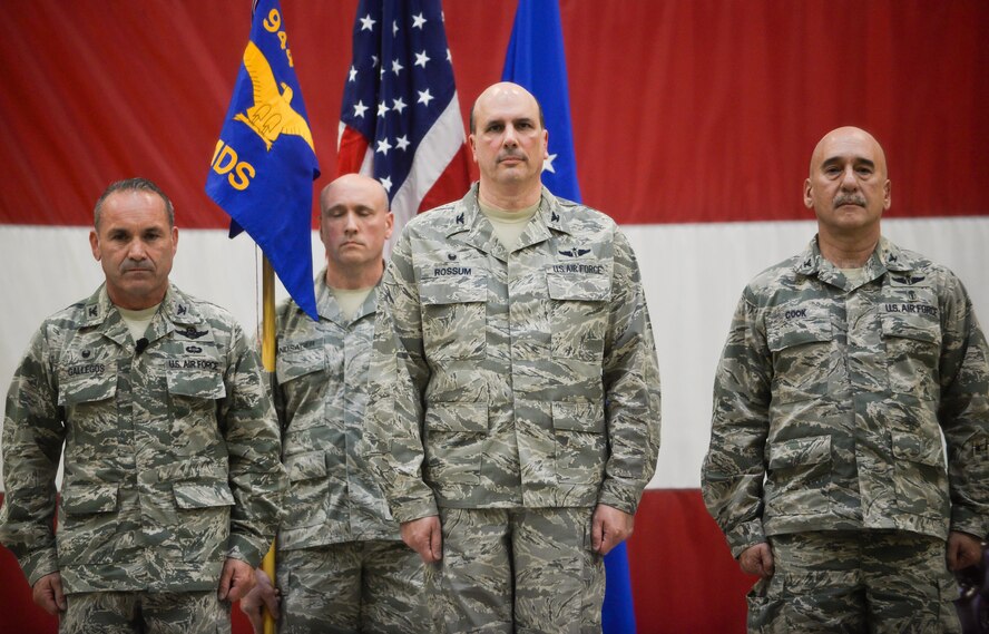 Col. Kurt Gallegos, 944th Fighter Wing commander, stands at attention with Col. Alfred Rossum, 944th Aeromedical Staging Squadron commander and Col. Curtiss Cook, 944th Medical Squadron commander, during a change-of-command ceremony April 30 at Luke Air Force Base, Ariz. (U.S. Air Force photo by Staff Sgt. Nestor Cruz)