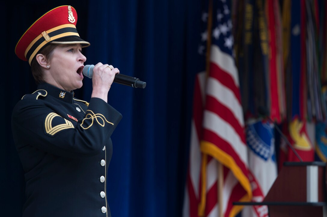 An Army vocalist performs the national anthem during the Public Service Recognition Week ceremony at the Pentagon, May 4, 2016. DoD photo by Air Force Senior Master Sgt. Adrian Cadiz