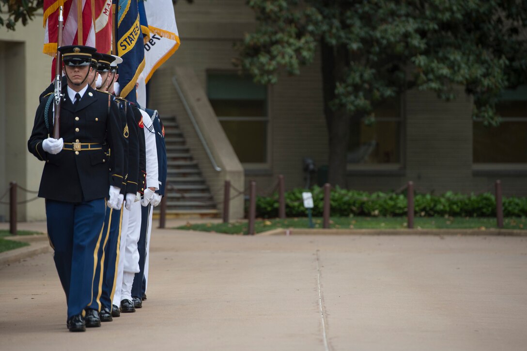 A joint color guard presents the colors during the Public Service Recognition Week ceremony at the Pentagon, May 4, 2016. DoD photo by Air Force Senior Master Sgt. Adrian Cadiz