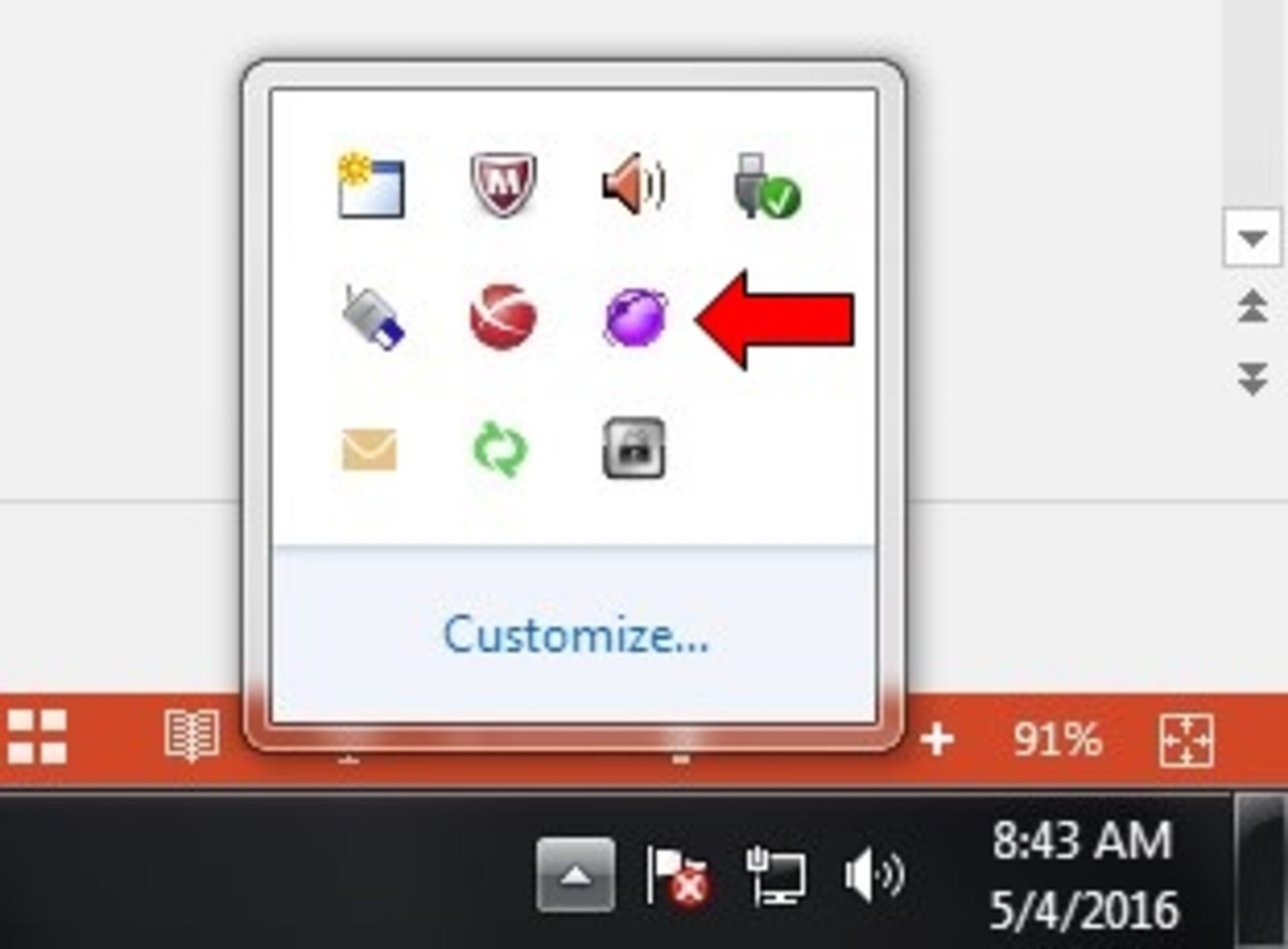 The AtHoc icon is the purple globe found at the bottom right corner of your screen as shown here