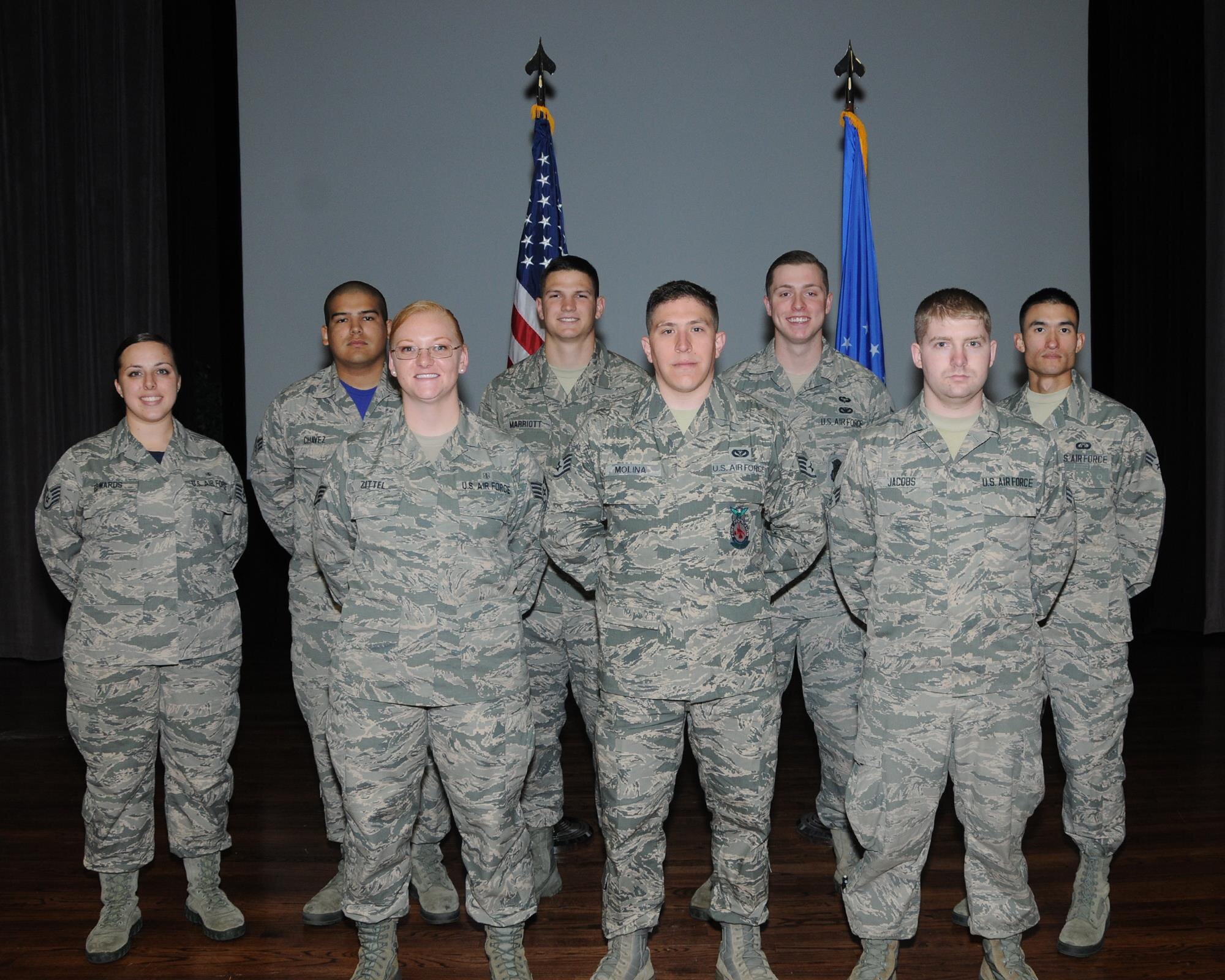 Eight of Team BLAZE’s enlisted Airmen were promoted during the enlisted promotions ceremony April 29 in the Kaye Auditorium on Columbus Air Force Base, Mississippi. (U.S. Air Force photo/Melissa Doublin)