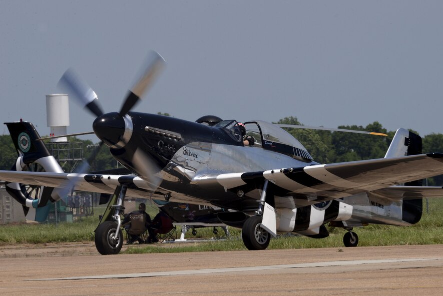 Scott Yoak prepares to take off in a P-51 Mustang during the 2016 Defenders of Liberty Airshow at Barksdale Air Force Base, La., April 30. The Mustang was the first U.S.-built fighter to fly over Europe after the fall of France in World War II. (U.S. Air Force photo/Senior Airman Jannelle Dickey)