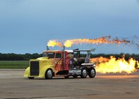 The Shockwave Jet Truck emits a blast of fire during the 2016 Defenders of Liberty Airshow at Barksdale Air Force Base, La., April 30. Shockwave is a tractor-trailer rig equipped with three Pratt & Whitney J34-48 jet engines producing 36,000 horsepower. Capable of speeds up to 376 mph, Shockwave is the Guinness Book of World Records record holder for the fastest truck in the world. (U.S. Air Force photo/Senior Airman Joseph Raatz)