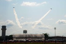 The U.S. Air Force Thunderbirds perform a pass over the crowd during the 2016 Defenders of Liberty Airshow on Barksdale Air Force Base, La., May 1. The Thunderbirds, based out of Nellis Air Force Base, Nev., are the Air Force’s premier aerial demonstration team, performing at air shows and special events worldwide. (U.S. Air Force photo/Staff Sgt. Joseph A. Pagán Jr.)