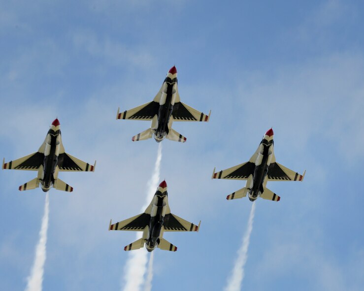 The U.S. Air Force Thunderbirds fly in a diamond formation during the 2016 Defenders of Liberty Airshow at Barksdale Air Force Base, La., April 30. The Thunderbirds, based out of Nellis Air Force Base, Nev., are the Air Force’s premier aerial demonstration team, performing at air shows and special events worldwide. (U.S. Air Force photo/Senior Airman Jannelle Dickey)