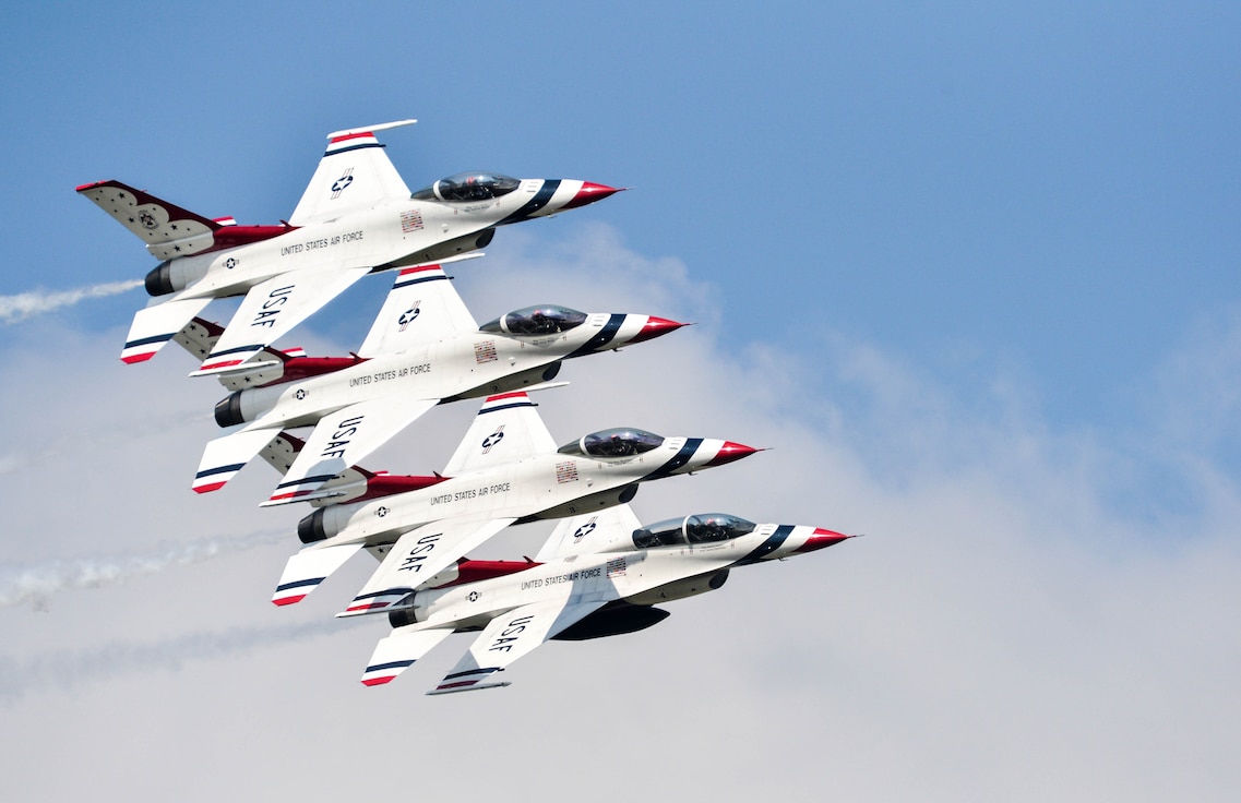U.S. Air Force Thunderbirds demonstrate precision flying during the 2016 Defenders of Liberty Airshow at Barksdale Air Force Base, La., May 1. A Thunderbird performance displays the pride, precision and professionalism of the team while highlighting the skills and training indicative of all members of the U.S. Air Force. Years of training are brought together in the hour-long demonstration, exhibiting what the Air Force is all about. (U.S. Air Force photo/Senior Airman Mozer O. Da Cunha)