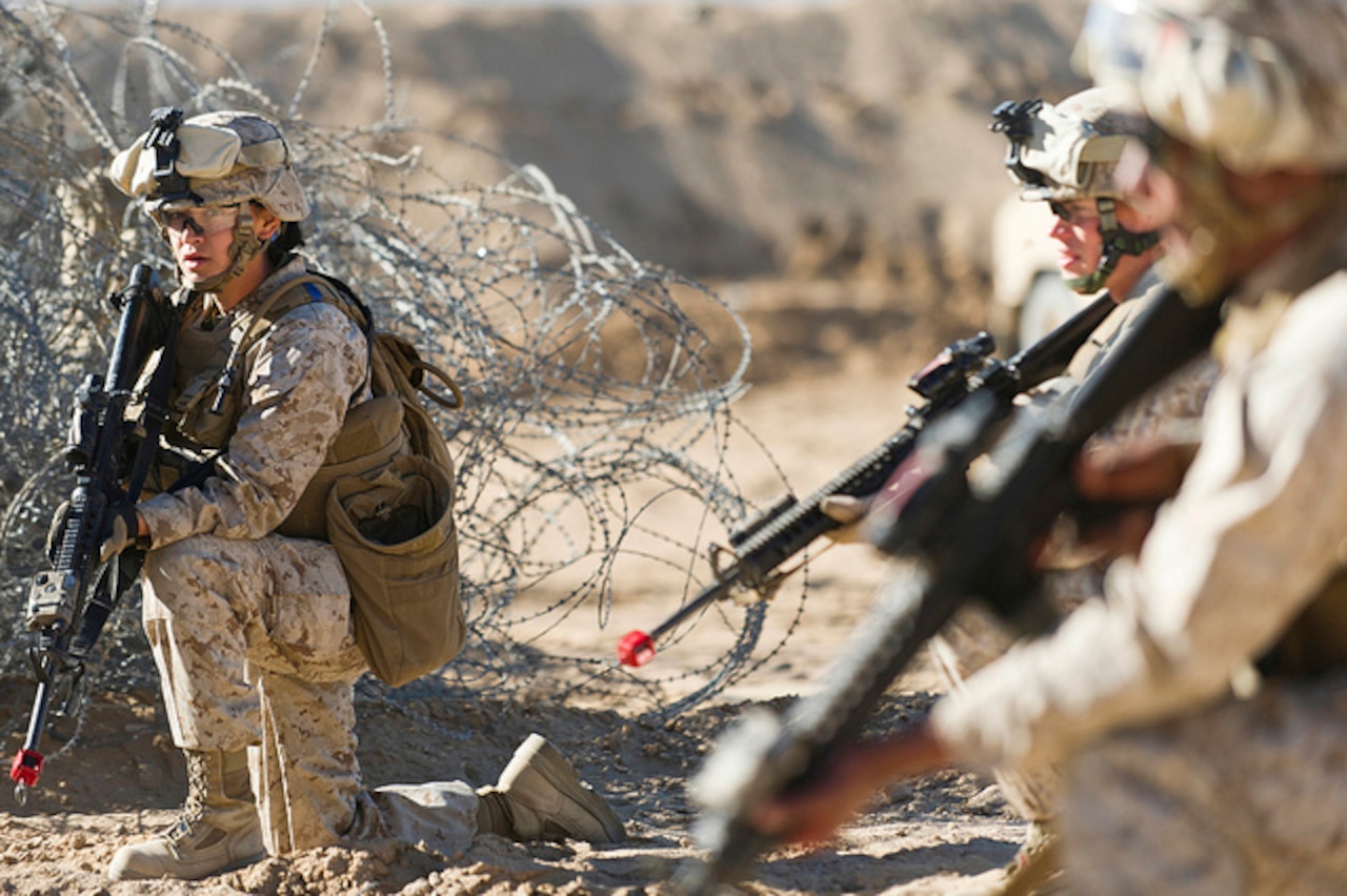 Marines assigned to 1st Marine Logistics Group, Marine Corps Base Camp Pendleton, Calif., provide 360-degree security as part of a quick-reaction force team exercise, Feb. 11, 2015. A Navy SEAL quick-reaction force member was killed May 3, 2016, during an intense battle when Islamic State of Iraq and the Levant fighters attacked peshmerga forces in Iraq. Air Force photo by Tech. Sgt. Efren Lopez