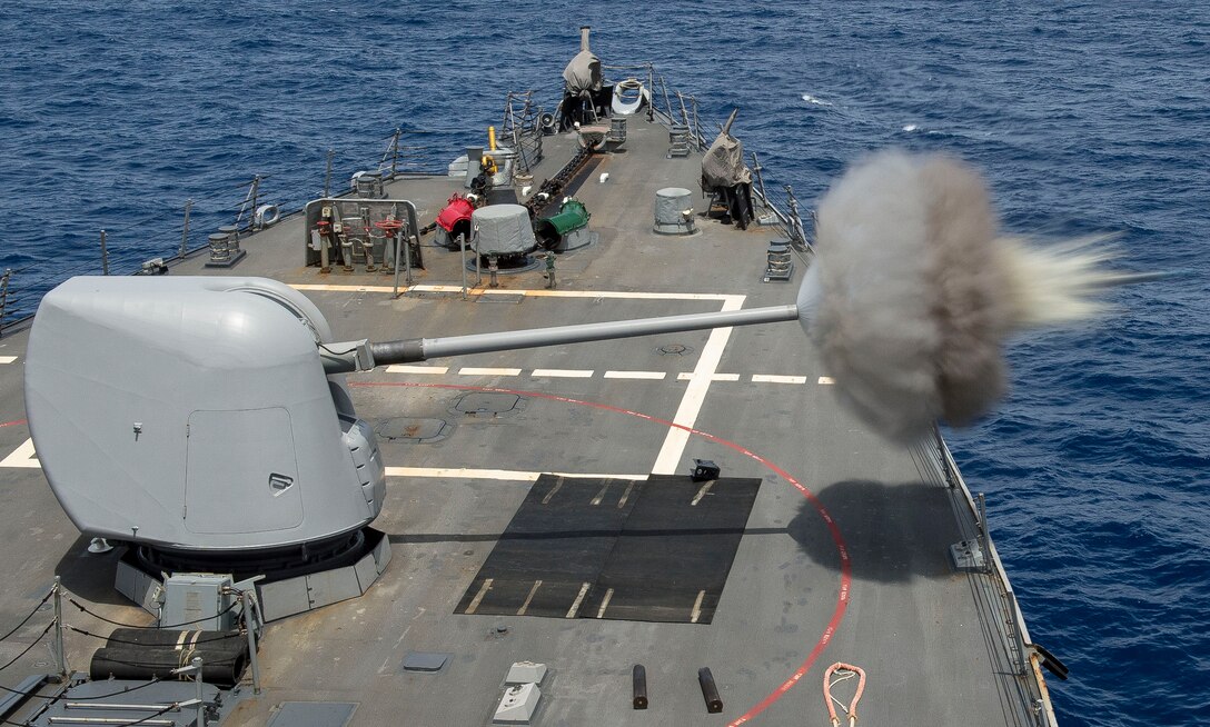 The USS Porter test fires its 5-inch gun while operating in the Mediterranean Sea, April 30, 2016. The guided-missile destroyer is patrolling in the U.S. 6th Fleet area of operations to support U.S. national security interests in Europe. Navy photo by Petty Officer 3rd Class Robert S. Price
