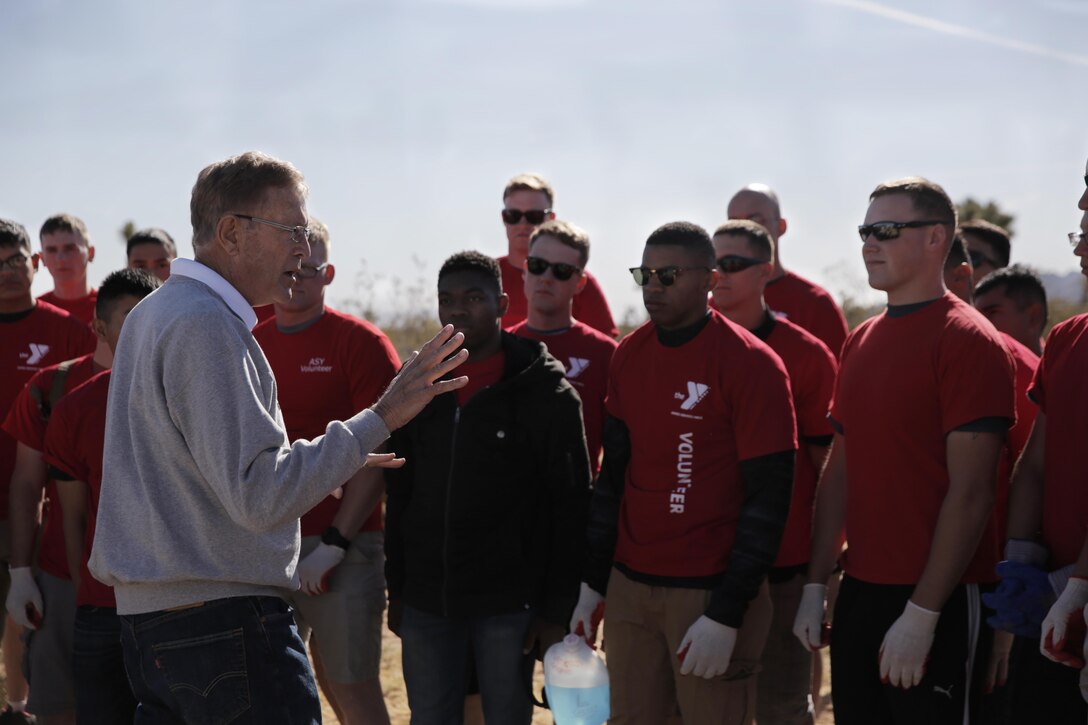 Congressman Paul Cook, California’s 8th District, thanks Combat Center Marines for their hard work during the Mojave Desert Land Trust Earth Day Restoration of the Gateway Parcel in Joshua Tree, Calif., April 23, 2016. Marines and civilians from the Joshua Tree area spent the day restoring and landscaping the 623-acre site. (Official Marine Corps photo by Pfc. Dave Flores/Released)