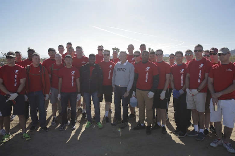 Congressman Paul Cook, California’s 8th District, recognizes Marine volunteers during the Mojave Desert Land Trust Earth Day Restoration of the Gateway Parcel in Joshua Tree, Calif., April 23, 2016. (Official Marine Corps photo by Pfc. Dave Flores/Released)