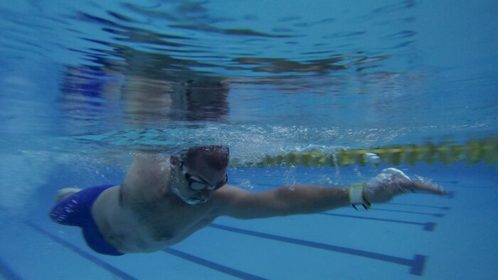 Staff Sgt. Andrew Bergdorf, 9th Civil Engineer Squadron power production supervisor, swims in the pool at the Gauche Aquatics Park in Yuba City, California, April 21, 2016. Bergdorf has been selected to compete in the Department of Defense Wounded Warrior Games which will take place at the U.S. Military Academy in West Point, New York, June 14-22, 2016. (U.S. Air Force photo by Senior Airman Michael J. Hunsaker)