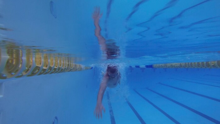 Staff Sgt. Andrew Bergdorf, 9th Civil Engineer Squadron power production supervisor, swims in the pool at the Gauche Aquatics Park in Yuba City, California, April 21, 2016. Bergdorf has been selected to compete in the Department of Defense Wounded Warrior Games which will take place at the U.S. Military Academy in West Point, New York, June 14-22, 2016. (U.S. Air Force photo by Senior Airman Michael J. Hunsaker)