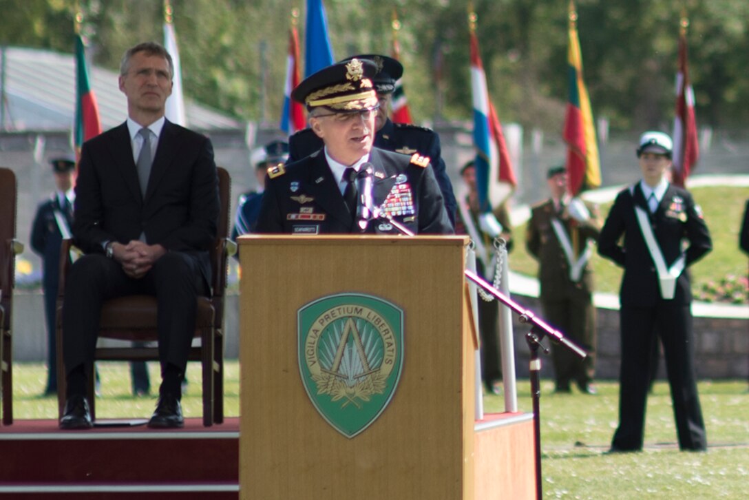 Army Gen. Curtis M. Scaparrotti speaks after assuming command of NATO's Allied Command Operations from Air Force Gen. Philip M. Breedlove in Mons, Belgium, May 4, 2016. DoD photo by D. Myles Cullen