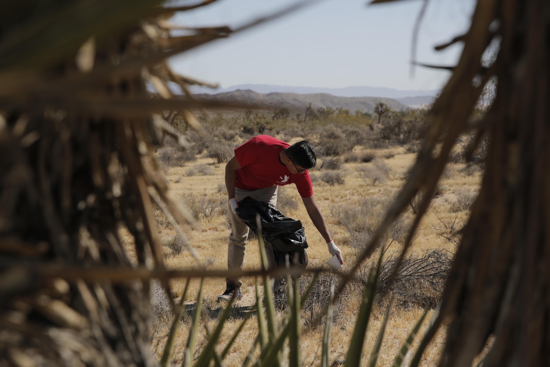 Pfc. Richard Mora Fernandez, student, Marine Corps Communications-Electronics School, helps restore the Gateway Parcel during the Mojave Desert Land Trust Earth Day Restoration in Joshua Tree, Calif., April 23, 2016. (Official Marine Corps photo by Pfc. Dave Flores/Released)