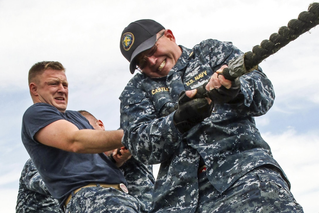 Navy chief petty officers compete in a tug of war during closing ceremonies for Sexual Assualt Awareness and Prevention Month at Naval Air Station Fallon, Nev., April 29, 2016. The chiefs are assigned to Navy Munitions Command Fallon team. Navy photo by Petty Officer 1st Class Joseph R. Vincent