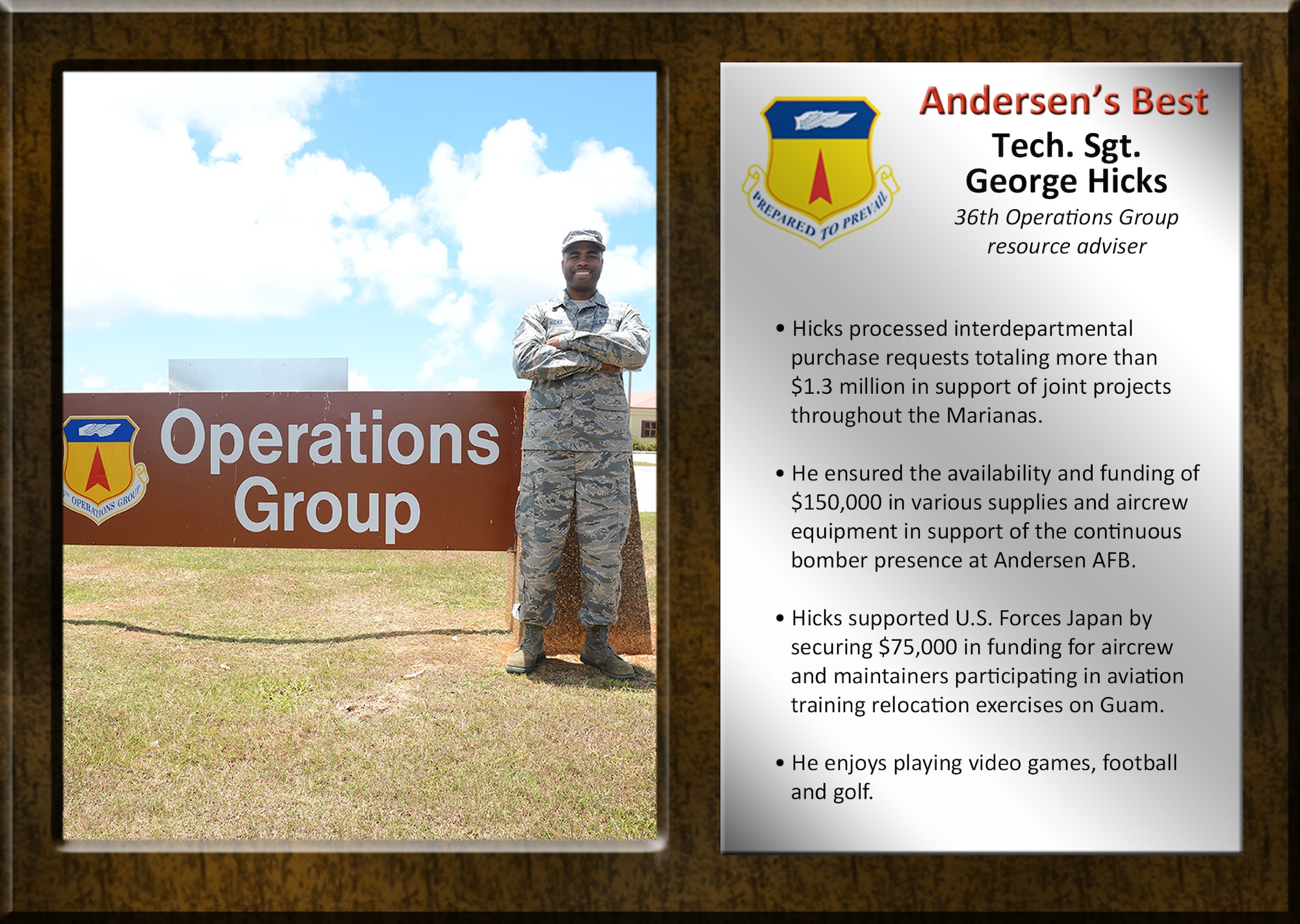 Team Andersen's Best recognizes Airmen and civilian professionals for outstanding contributions to mission and team success. As spotlight performers, individuals are chosen by base leaders for demonstrating the Air Force's core values of integrity first, service before self, and excellence in all we do.