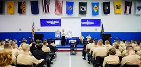 Kimberly Cockrell, Mothers Against Drunk Driving victim services specialist, talks with Naval Nuclear Power Training Command students April 27, 2016, at the Bowman Center on Joint Base Charleston – Weapons Station, S.C. The MADD event was a segue to JB Charleston’s upcoming Critical Days of Summer campaign. MADD ties into this campaign by focusing on destructive behaviors like DUI’s and how they affect those around us. (U.S. Air Force photo/Senior Airman Clayton Cupit)