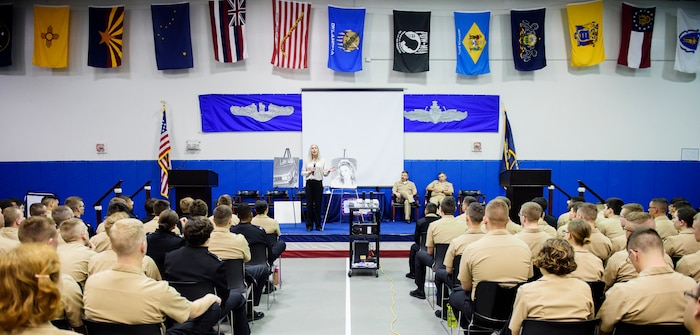 Kimberly Cockrell, Mothers Against Drunk Driving victim services specialist, talks with Naval Nuclear Power Training Command students April 27, 2016, at the Bowman Center on Joint Base Charleston – Weapons Station, S.C. This MADD event was a segway into JB Charleston’s upcoming Critical Days of Summer campaign. MADD ties into this campaign by focusing on the destructive behaviors like DUI’s and how they affect those around us. (U.S. Air Force photo/Senior Airman Clayton Cupit)