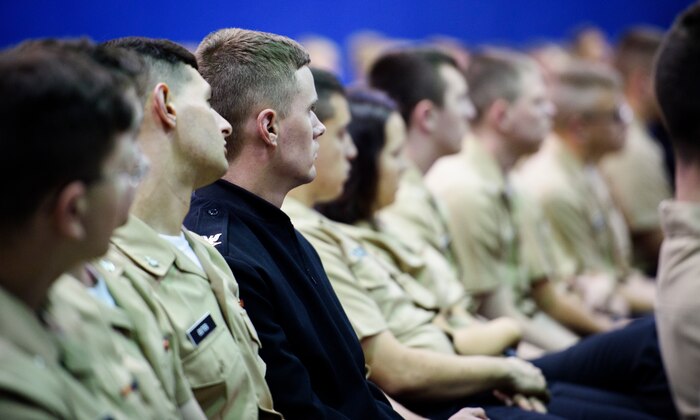 Naval Nuclear Power Training Command students listen to a Mothers Against Drunk Driving presentation April 27, 2016, at the Bowman Center on Joint Base Charleston – Weapons Station, S.C. This MADD event was a segway into JB Charleston’s upcoming Critical Days of Summer campaign. MADD ties into this campaign by focusing on the destructive behaviors like DUI’s and how they affect those around us. (U.S. Air Force photo/Senior Airman Clayton Cupit)