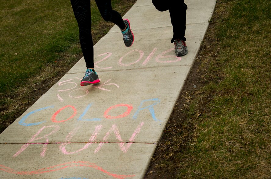 The 5th Medical Group and Health and Wellness Center hosted its third annual 5k/10k Meltdown Color Fun Run on Minot Air Force Base, N.D., April 27, 2016. Approximately 175 runners participated in the event which was held to raise awareness for sexual assault, alcohol awareness and child abuse prevention. Color run T-shirt sales raised over $300 which will be used to support the Sexual Assault Prevention and Response program, Alcohol and Drug Abuse Prevention and Treatment program and the Family Advocacy Program. (U.S. Air Force photo/Senior Airman Sahara Fales)