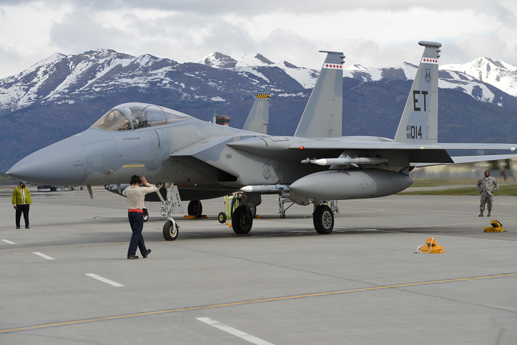 A U.S. Air Force F-15 Eagle from Eglin Air Force Base, Fla., taxis for departure on the Joint Base Elmendorf-Richardson flightline, May 3, 2016. The fighter is deployed to JBER as part of Red Flag-Alaska, a Pacific Air Forces commander-directed field training exercises for U.S. and international forces, providing combined offensive counter-air, interdiction, close air support and large force employment training in a simulated combat environment. (U.S. Air Force photo by Airman 1st Class Javier Alvarez)