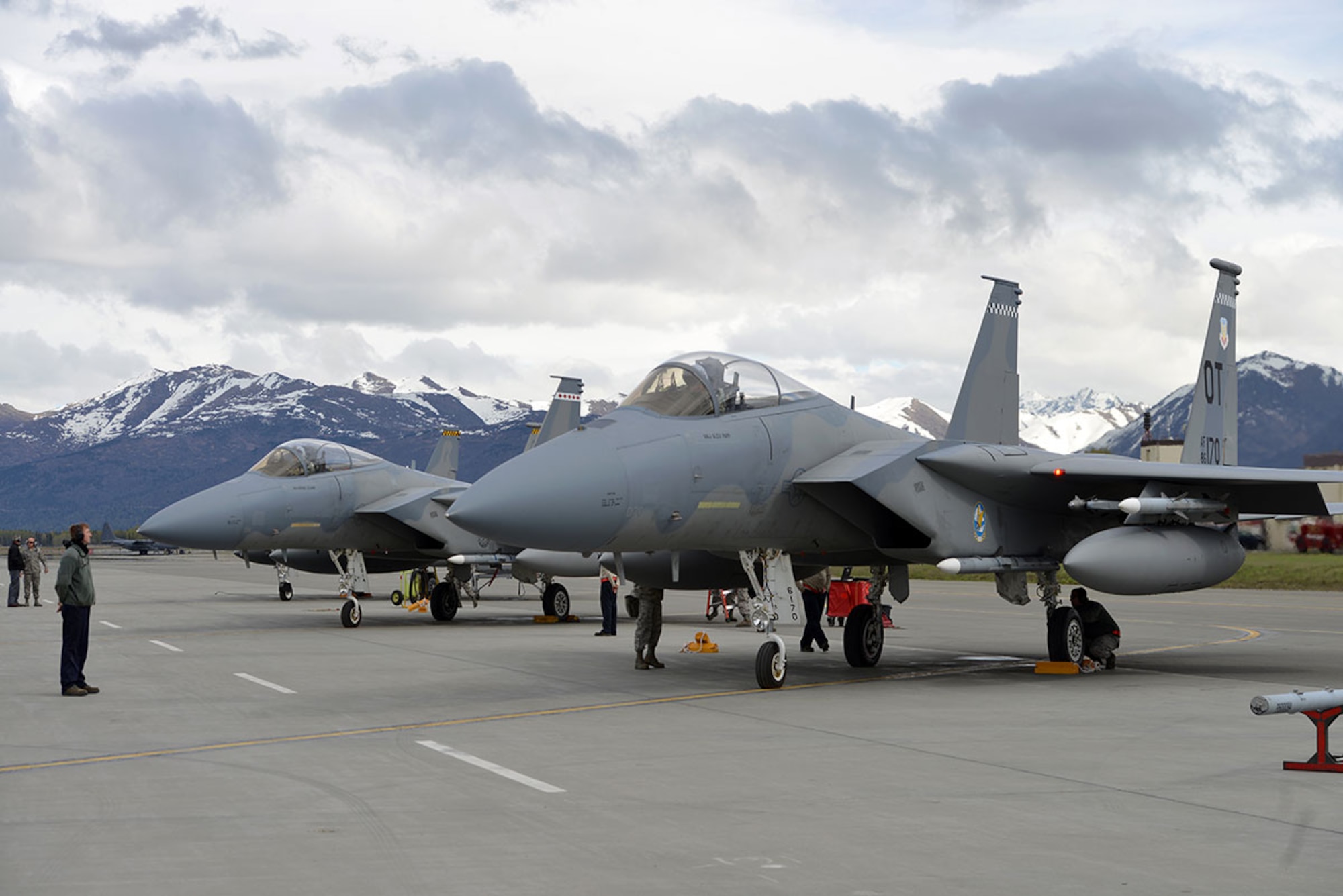 U.S. Air Force F-15 Eagles from Eglin Air Force Base, Fla., queue for departure on the Joint Base Elmendorf-Richardson flightline, May 3, 2016. The Fighter is deployed to JBER as part of Red Flag-Alaska, a Pacific Air Forces commander-directed field training exercises for U.S. and international forces, providing combined offensive counter-air, interdiction, close air support and large force employment training in a simulated combat environment. (U.S. Air Force photo by Airman 1st Class Javier Alvarez)