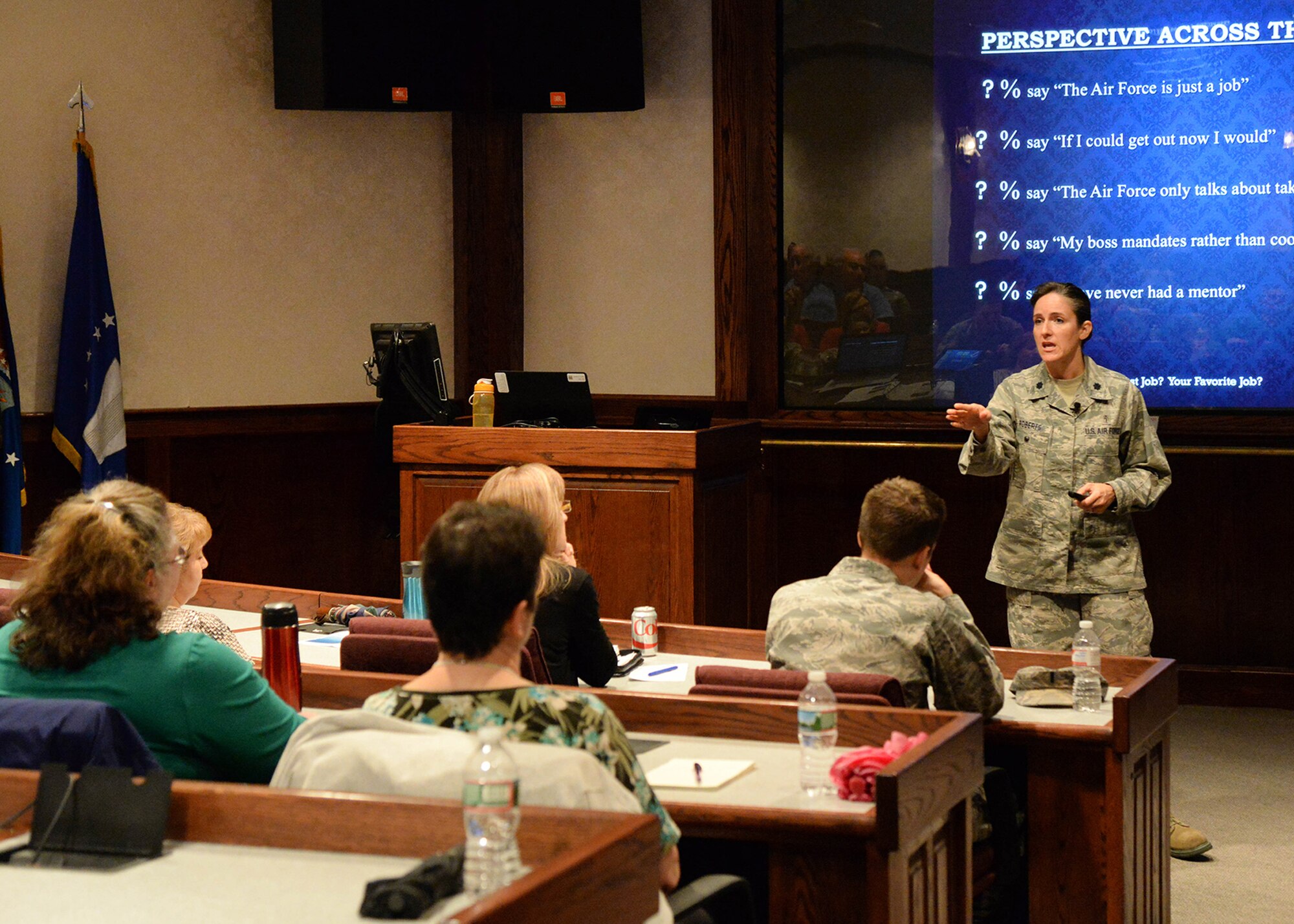 Lt. Col. Teresa Roberts, Profession of Arms Center of Excellence director of operations, speaks to members of the workforce at Hanscom Air Force Base, Mass., May 3. The PACE is an organization focused on strengthening and enhancing professionalism in Airmen, civilians and family members associated with the Air Force. The organization helps leaders bridge the gap between Air Force core values and the mission. (U.S. Air Force photo by Linda LaBonte Britt)