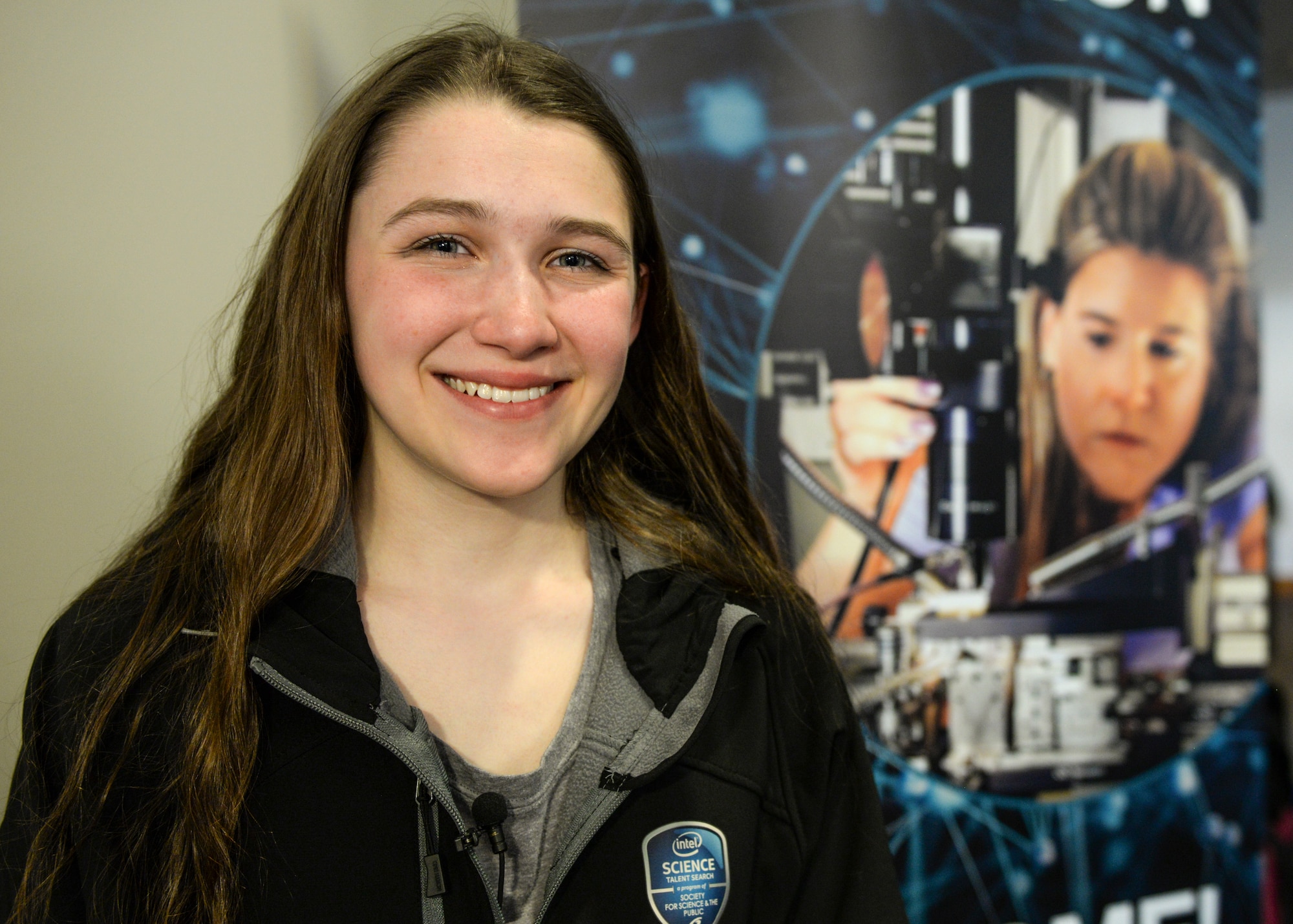 Paige Brown, 17, a senior at Bangor High School in Bangor, Maine, invented a device that absorbs phosphorous from storm water in the streams in her community. Her research was an environmental engineering project called ‘Constructing an Inexpensive Calcium Alginate-Based Scaffold for Phosphorous Sorption in Storm Water.” In March, Brown also won a First Place Medal of Distinction for Global Good and a $150,000 prize to continue her research as part of the Intel Science Talent Search 2016 competition for studying the water quality of six environmentally impaired local streams with high E. coli and phosphate contamination levels. (U.S. Air Force photo/Wesley Farnsworth)