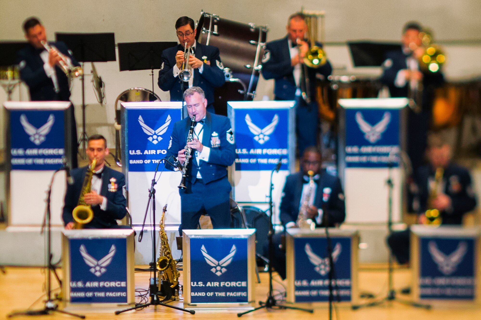 Master Sgt. James Butler, center, USAF Band of the Pacific-Asia, plays clarinet during the 7th annual Fussa-Yokota Friendship Concert at Fussa City Hall, Tokyo, Japan, May 1, 2016. The Fussa-Yokota Goodwill Exchange Club hosted the event to strengthen the relationship between the U.S. and Japan through music. (U.S. Air Force photo by Yasuo Osakabe/Released)  